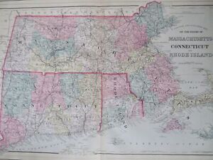 Massachusetts Connecticut Rhode Island New England 1887 Bradley Mitchell Lg Map