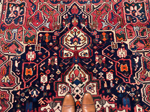 6x9 Antique Rug Handmade Blue Vintage Oriental Hand Knotted Geometric Carpet 7x9