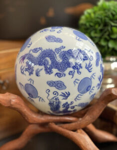 Rare Xlarge Blue White Chinoiserie Imperial Dragon Motif Sphere Carpet Ball 4 5 