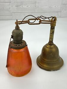 Antique 1920s Hanging Brass Pendant Ceiling Light Orange Glass Shade 22 Long