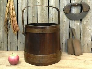 Antique Primitive Old Wooden Firkin Sugar Bucket