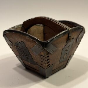Small Vintage Chinese Rice Basket Made Of Wood With Metal Trim Estate Find 3 