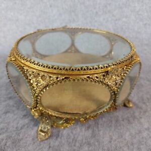 Glass And Brass Box Gilt Ormolu Jewelry Trinket Casket Victorian Style Decor