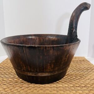 Antique Handmade Primitive Piggin Staved Wood Bucket Blacksmith Made Iron Band