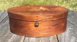 Antique Shaker Wooden Oval Sewing Box W Lid Finger Banding Brocade Fabric Lined
