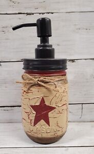 Primitive Crackle Tan Barn Red Stars Mason Jar Soap Dispenser Top Color Choice