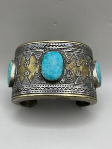Beautiful Old Islamic Silver And Turquoise Stone Warriors Promise Bracelet Rare