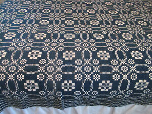 1800s Blue White Antique Woven Coverlet Reversible Lovers Knot 74 X 90
