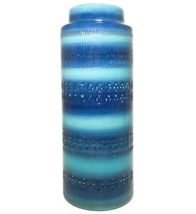 Aldo Londi Bitossi Italy For Raymor Ny Modernist Tall Blue Striped Stamped Vase