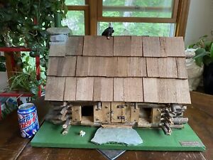 Vintage Hand Made Folk Art Wood Log Cabin Birdhouse Model Diorama Natural Stone