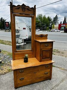 Antique Oak Gentlemans Chest Dresser Hat Door Bureau Mirrored Mirror Ornate Old