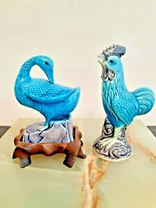 Pair Of Antique Chinese Turquoise Blue Porcelain Duck And Rooster Figurines