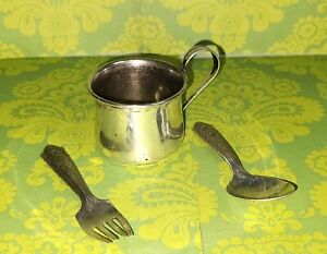 Antique Sterling Silver Baby Cup Wallace Sterling Silver Spoon Fork Circa 1934