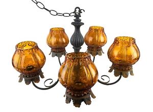 Large 5 Arm Amber Glass Globe Iron Swag Chandelier 23 X 23 X 18 Needs Rewiring