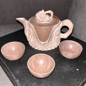 Vintage Chinese Carved Stone Old Teapot With 3 Cups