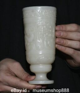 6 4 Rare Old Chinese White Jade Carving Dynasty Palace Dragon Beast Cann Goblet