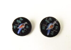 Pair Victorian Antique Black Glass Buttons Enamel Birds Vintage