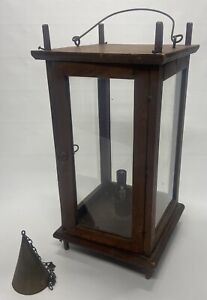 Antique Primitive Wood Barn Candle Lantern Hanging With Glass Panels No Vent 