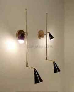 1950 S Mid Century Pair Antique Brass Black Wall Scone Light Movable Industrial