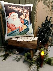Vintage Retro Modern 1950 S Christmas Santa Sleigh Reindeer Present Toy Pillow