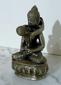 Vintage Indian Silver Color Metal Erotic Statue Of Buddha With Female Figure