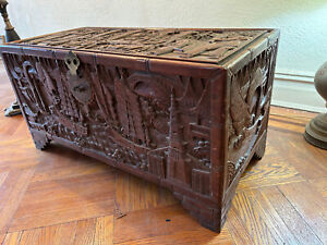 Vintage Antique Chinese Hand Carved Chest Great Detail 34x18x16 5
