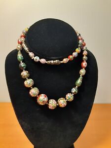 Vintage Chinese Cloisonne Necklace Gold Tone Enamel Beads 28 Long No Clasp
