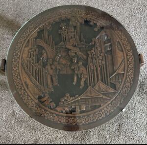 Antique Chinese Carved Art Image Tilt Top Table Wooden Glass Covered Decor