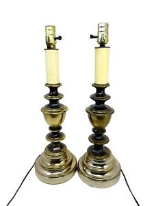 Pair Vtg Mcm Underwriters Laboratories Heavy Brass Lamps Rounded 21 Tall Works