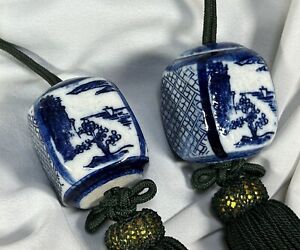 Fuchin 104 Japanese Old Blue White Porcelain Hanging Scroll Weight Green Tassel