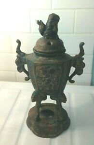 Antique Old Chinese Bronze Incense Burner Guardian Foo Dog Lion Censer Urn 12 