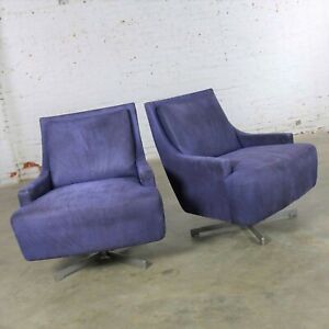 Pair Of Aubergine Scoop Swivel Lounge Chairs With Metal Base By Barbara Barry Fo