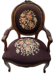 19th C Rare Antique French Needlepoint Victorian Carved Floral Parlor Armchair