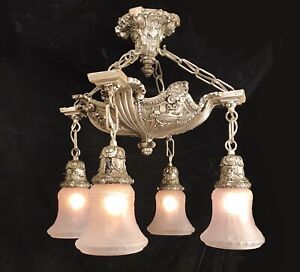 Antique Vtg Ornate French Empire 4 Light Chandelier Ceiling Fixture Silver Plate