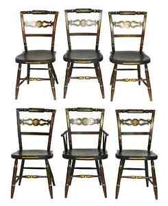 Set Of 6 Hitchcock Style Windsor Chairs Grain Painted Stenciled Gold Accents