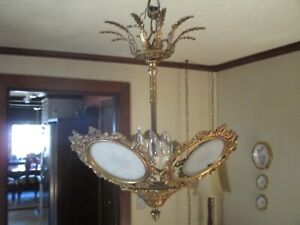 Vintage French Brass Louis Xvi Style Chandelier W 5 Light Diffuser Panels