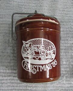 Vintage Christmas 1986 Brown Stoneware Cheese Crock Wire Bail Handle Clamp Lid