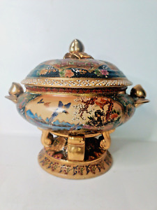 Vintage Satsuma Large Hand Painted Footed Soup Tureen W Lid Excellent Condition