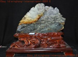 Chinese Xiu Jade Jadeite Carved Fengshui Lucky Landscape Pine Statue Decoration
