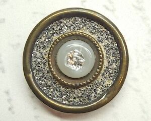 Antique Brass Button Clambroth Glass W Clear Overlay Over Foil Galena Border