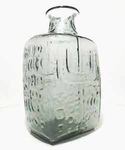 Rare Finnish Modernist Vint Smokey Art Glass Vase W Embossed Tribal Hieroglyphs