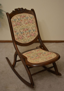 Vintage Folding Wooden Rocking Chair Carved Wood Accents Floral Tapestry