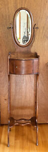 Antique Oak Shaving Stand W Original Hand Ground Beveled Swivel Mirror C 1900