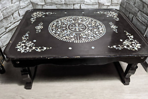 Antique 24 X12 Chinese Black Lacquer Wood Mother Of Pearl Inlay Coffee Table