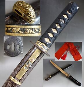 Koshirae Kiku Fuchi Wave Kurikata Kawaragane Menuki Samurai Sword Fitting Tsuba