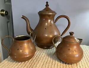 Vintage Copper Tea Kettle With Creamer And Sugar Bowl Made In Portugal