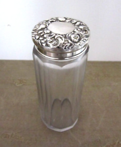 Vintage Antique Sterling Silver Repousse Cover Crystal Jar 4 1 2 High
