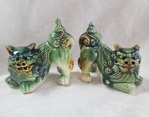 Vintage Ceramic Chinese Foo Dog Fu Lion Shishi Male Female Guardian Green Blue
