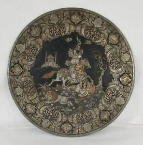 Large And Heavy 23 Persian Silver On Copper Tray With Ghalamzani Engravings