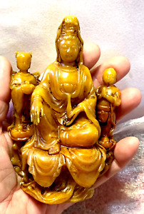 Kuan Yin Yellow Jade Statue With Boy Girl